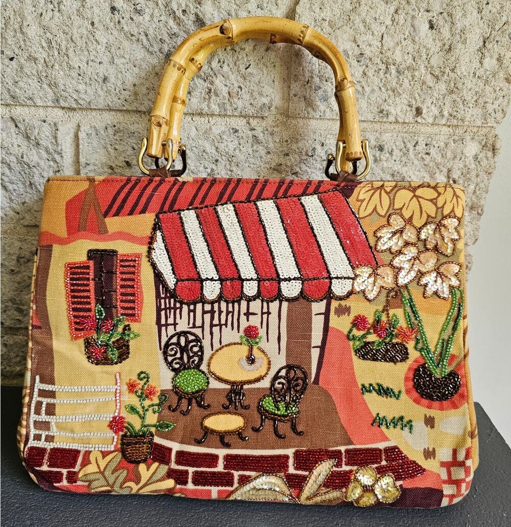 Isabella Fiore French Cafe Embellished Beaded Bamboo Handle Satchel Bag